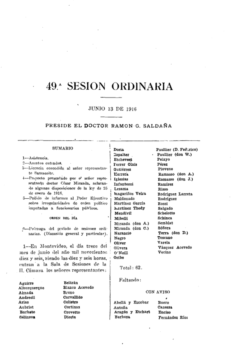 DIARIO DE SESIONES DE LA CAMARA DE REPRESENTANTES del 13/06/1916